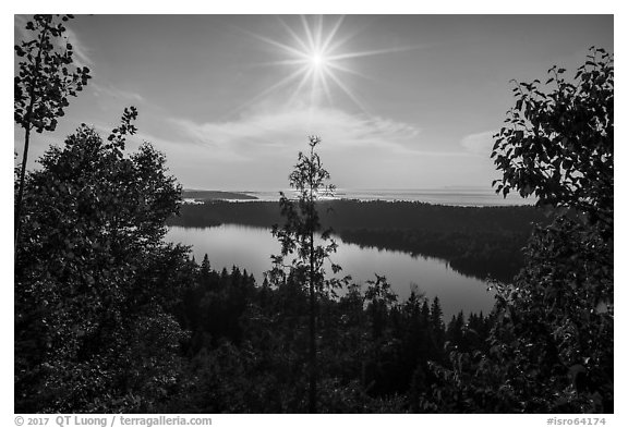 View from Louise Lookout looking into the sun. Isle Royale National Park (black and white)