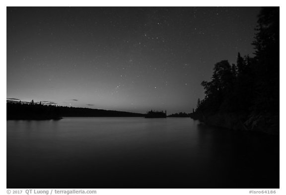 Tobin Harbor at dusk, with stars. Isle Royale National Park (black and white)