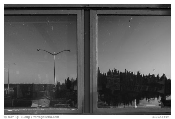 Snug Harbor window reflexion, Rock Harbor Visitor Center. Isle Royale National Park (black and white)