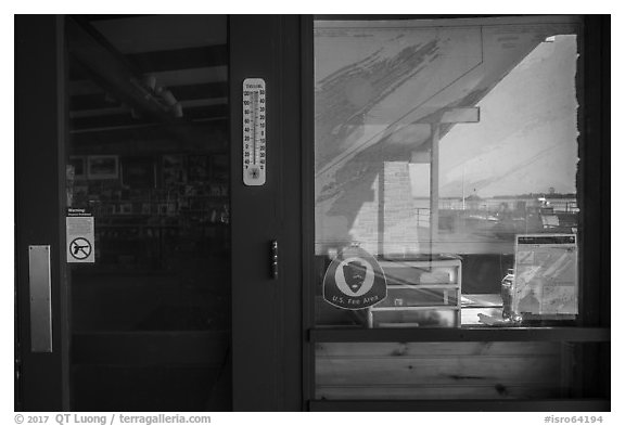 Snug Harbor and store window reflexion, Rock Harbor Visitor Center. Isle Royale National Park (black and white)