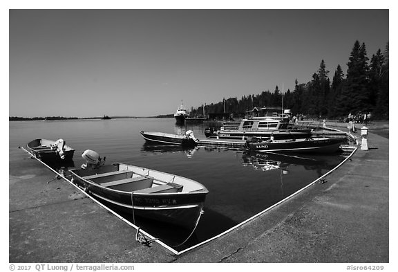 Small boats moored at marina, Rock Harbor. Isle Royale National Park (black and white)