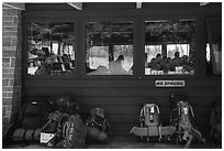 Backpacks lined behind visitor center, Rock Harbor. Isle Royale National Park ( black and white)