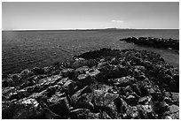 Lichen-covered rocks, Lake Superior, and Isle Royale from Passage Island. Isle Royale National Park ( black and white)