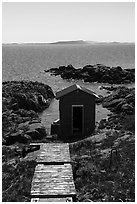 Shack and Isle Royale in the distance, Passage Island. Isle Royale National Park ( black and white)