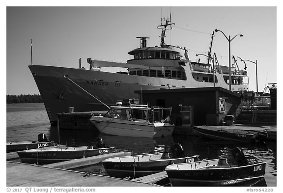 Marina and Ranger III ferry. Isle Royale National Park (black and white)