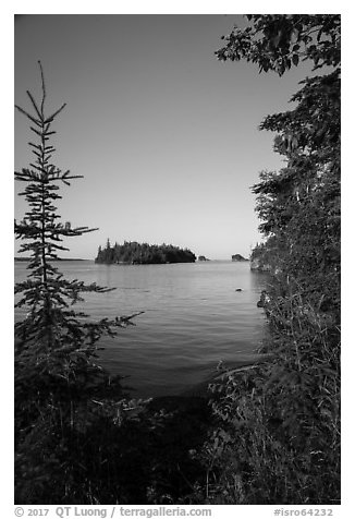 Shaw Island framed by trees of Tookers Island. Isle Royale National Park (black and white)