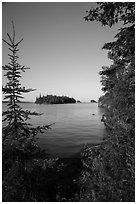 Shaw Island framed by trees of Tookers Island. Isle Royale National Park ( black and white)