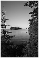 Shaw Island framed by trees of Tookers Island. Isle Royale National Park ( black and white)