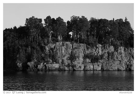 Sea cliffs and trees, late afternoon. Isle Royale National Park (black and white)