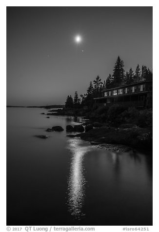 Rock Harbor Lodge at night, moon and reflection. Isle Royale National Park (black and white)