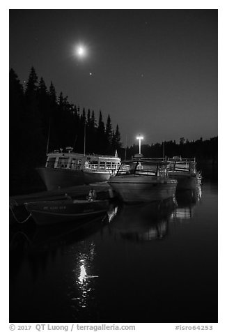 Rock Harbor marina with moon reflected. Isle Royale National Park (black and white)