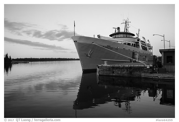 Ranger 3 national park service ferry moored at Rock Harbor. Isle Royale National Park (black and white)