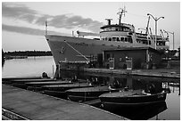 Rock Harbor marina with Ranger 3 ferry at dawn. Isle Royale National Park ( black and white)
