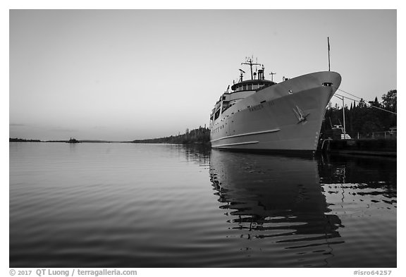 Ranger III national park service ferry and Rock Harbor. Isle Royale National Park (black and white)