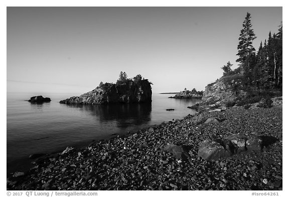 Rocky beach, offshore islet, and Lake Superior, Mott Island. Isle Royale National Park (black and white)