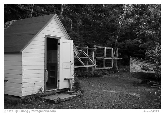 Honeymoon cabin and net reels, Edisen Fishery. Isle Royale National Park (black and white)