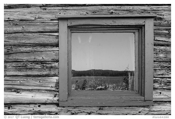Net house window reflection, Edisen Fishery. Isle Royale National Park (black and white)