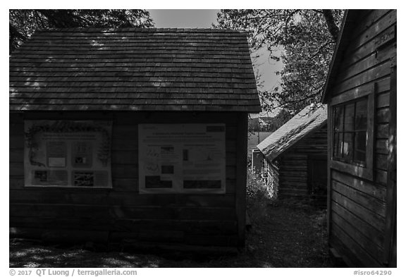 Bangsund Cabin with technical posters and norvegian flag. Isle Royale National Park (black and white)