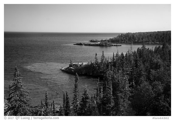 Costline seen from top of Rock Harbor Lighthouse. Isle Royale National Park (black and white)