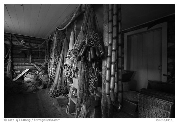 Net House interior, Edisen Fishery. Isle Royale National Park (black and white)
