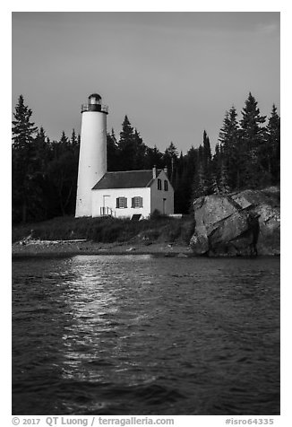 Rock Harbor Lighthouse and reflection. Isle Royale National Park (black and white)