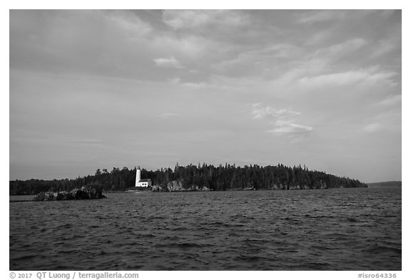 Distant view of Rock Harbor Lighthouse. Isle Royale National Park (black and white)