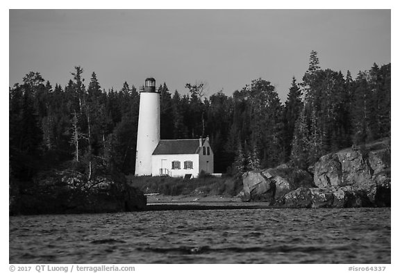 Rocks and Rock Harbor Lighthouse. Isle Royale National Park (black and white)