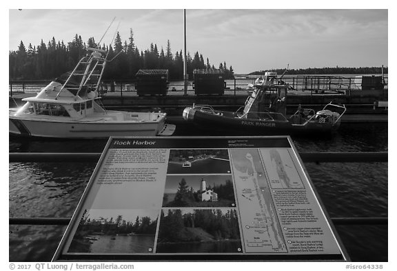 Rock Harbor interpretive sign. Isle Royale National Park (black and white)