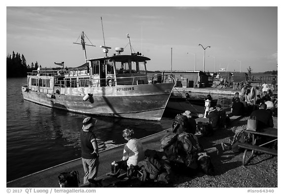 Backpackers wait to board ferry at Rock Harbor. Isle Royale National Park (black and white)