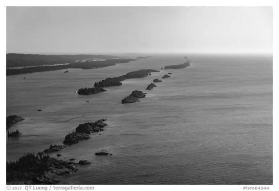 Aerial view of outer island archipelago. Isle Royale National Park (black and white)