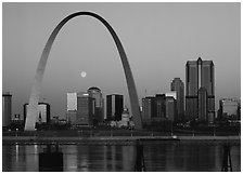 Moon, Arch and downtown skyline at dawn. Gateway Arch National Park ( black and white)