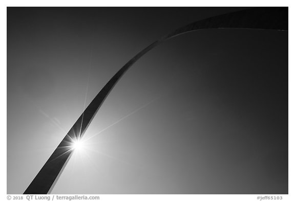 Gateway Arch from below with sun. Gateway Arch National Park (black and white)