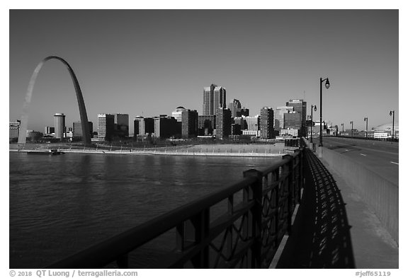 Arch and skyline from Eads Bridge. Gateway Arch National Park (black and white)