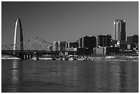 Arch, skyline, and bridges over Mississippi River. Gateway Arch National Park ( black and white)