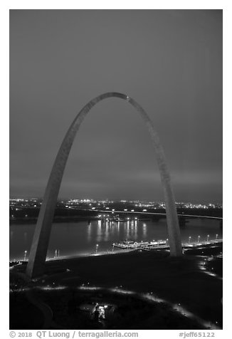Arch, lighted paths, and Mississippi River from above at dawn. Gateway Arch National Park (black and white)