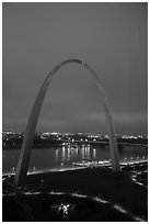 Arch, lighted paths, and Mississippi River from above at dawn. Gateway Arch National Park ( black and white)