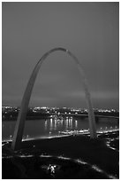 Arch, lighted paths, and Mississippi River from above at dawn. Gateway Arch National Park ( black and white)