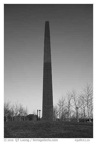 Sideway view of Arch from park in winter. Gateway Arch National Park (black and white)