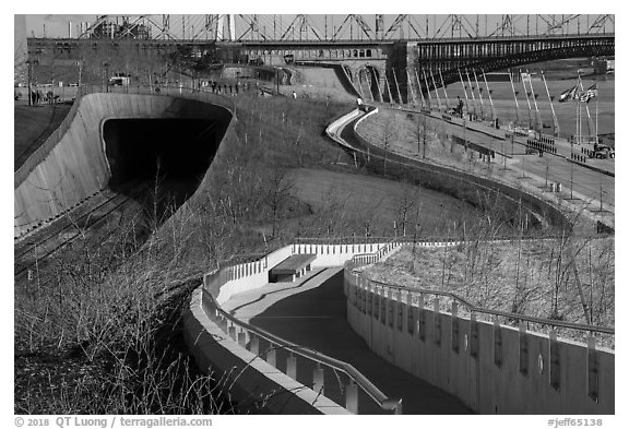 Curves of pathway and North railroad tunnel, part of Dan Kiley's landscape design. Gateway Arch National Park (black and white)