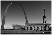 Old Cathedral and Arch. Gateway Arch National Park ( black and white)