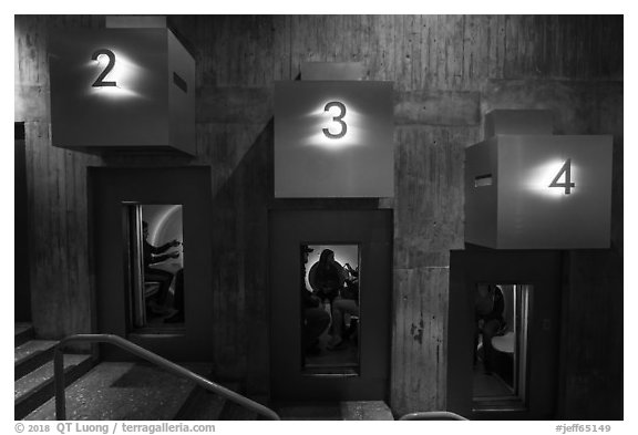 Visitors in tram capsules. Gateway Arch National Park (black and white)