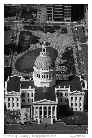 Old Courthouse and Kiener Plaza Park from top of Arch. Gateway Arch National Park (black and white)