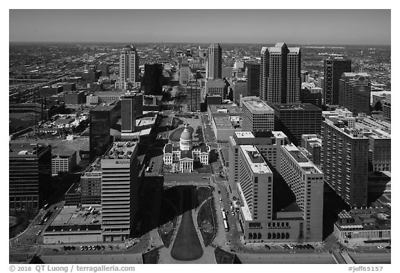 Dowtown St Louis, and Old Courthouse from top of Arch. Gateway Arch National Park (black and white)