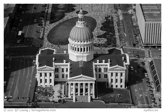 Old Courthouse from top of Arch. Gateway Arch National Park (black and white)