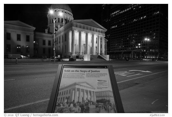 Sold on the steps of justice interpretive sign. Gateway Arch National Park (black and white)