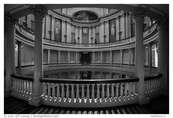Elaborately decorated interior of Old Courthouse rotunda. Gateway Arch National Park (black and white)
