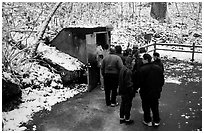 Entrance of Frozen Niagara section of the cave in winter. Mammoth Cave National Park, Kentucky, USA. (black and white)