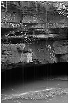 Water drips over limestone ledges and Styx. Mammoth Cave National Park, Kentucky, USA. (black and white)