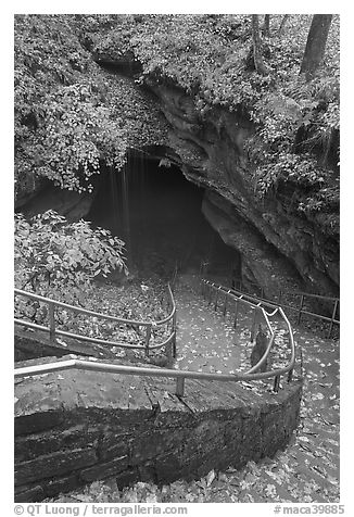 Steps and railing leading down to historical cave entrance. Mammoth Cave National Park, Kentucky, USA.