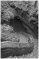 Steps and railing leading down to historical cave entrance. Mammoth Cave National Park, Kentucky, USA. (black and white)